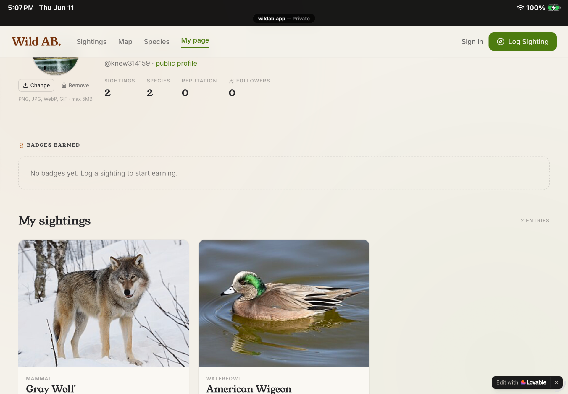 My page — Wild Sighting Map screenshot