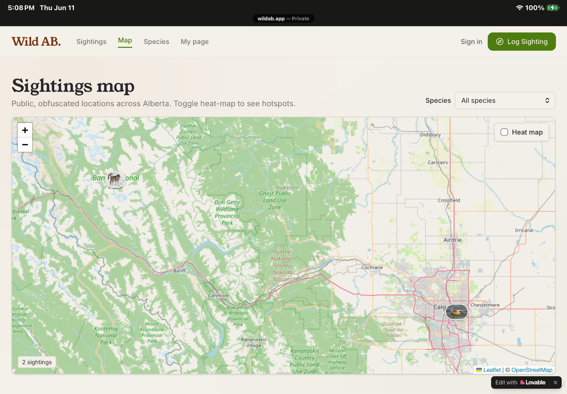 Sightings map — Wild Sighting Map screenshot