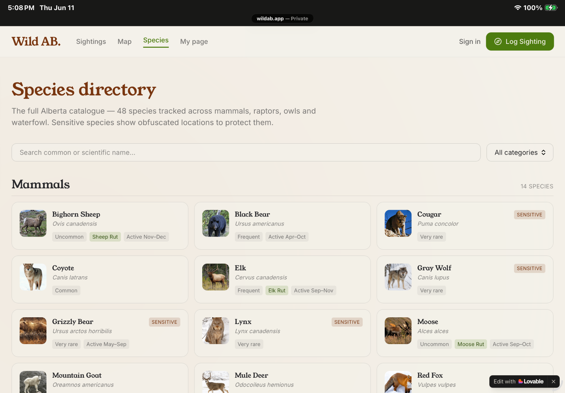 Species directory — Wild Sighting Map screenshot